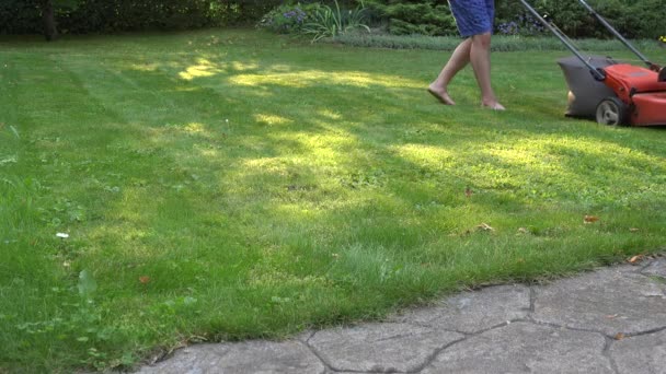 Un hombre cortando el césped. Camino empedrado de piedra en el jardín. 4K — Vídeo de stock