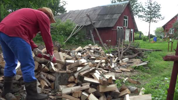 Man chop harde grote log in de buurt van hout stapel in land tuin. 4k — Stockvideo