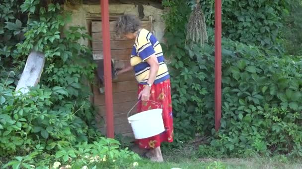 Бідна старша жінка з пластиковим відром ходить всередині вивітрюваного підвального будинку. 4-кілометровий — стокове відео