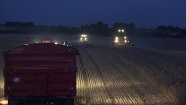 Vrachtwagen staande op de stoppels en aardappelrooier met lichten oogst veld 's nachts. 4k — Stockvideo