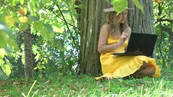 Joven freelancer, linda mujer en vestido sentarse bajo el árbol y trabajar con el ordenador portátil en el parque de la ciudad. 4K — Vídeo de stock