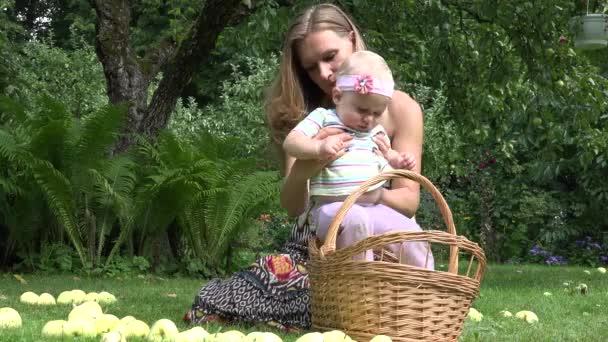 A mãe brincalhona pôs a filha de bebê na cesta de vime e escolhe frutos de maçãs de chuva no jardim. 4K — Vídeo de Stock