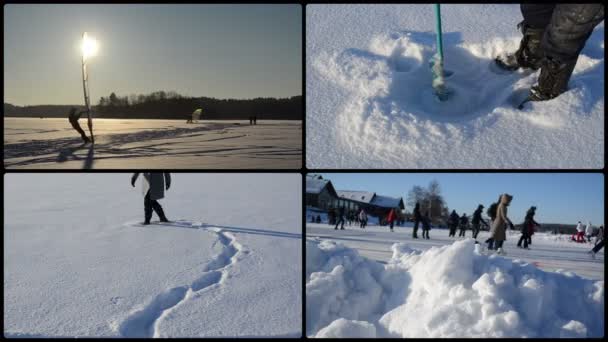 冰的冲浪者。心的形状，在雪地上。Icehole 钻。人们滑冰 — 图库视频影像
