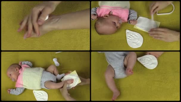 Hand make pasgeboren baby voetafdruk voetstap palm mark. Collage. — Stockvideo