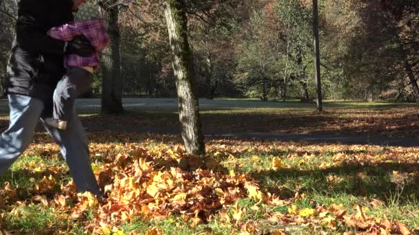 Padre copre il bambino con foglie colorate nel parco autunnale. 4K — Video Stock