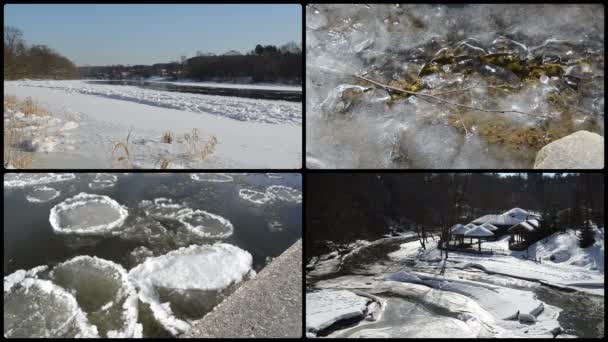 Témpano de hielo flotando en el agua del río en temporada de invierno hermoso cuento — Vídeo de stock