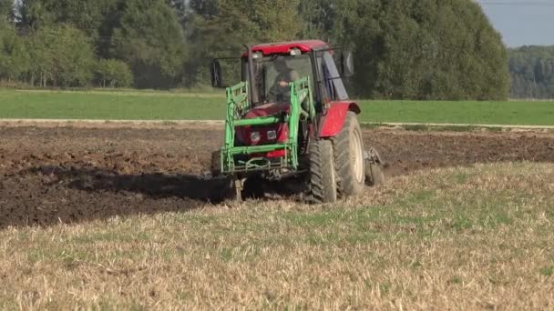 Agriculteur conduisant tracteur dans la cabine charrue champ de chaume de l'agriculture. 4K — Video