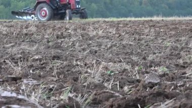 Traktör pulluk sonbahar alan yetiştirmek. Vınlamak dışarı. 4k