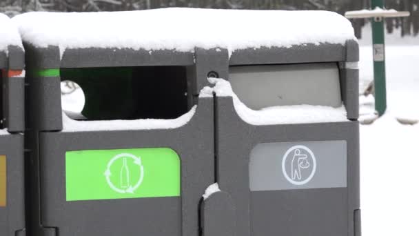 Pequeños contenedores para basura y basura, reciclaje en el parque de invierno. Panorama. 4K — Vídeos de Stock