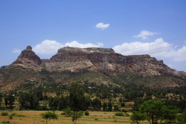 Tigray, Etiyopya - 14 Ağustos 2018: Tipik dağ manzarası Etiyopya 'nın Tigray bölgesinde