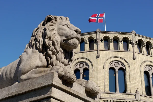 famous lion sculpture outside norwegian parliament in oslo