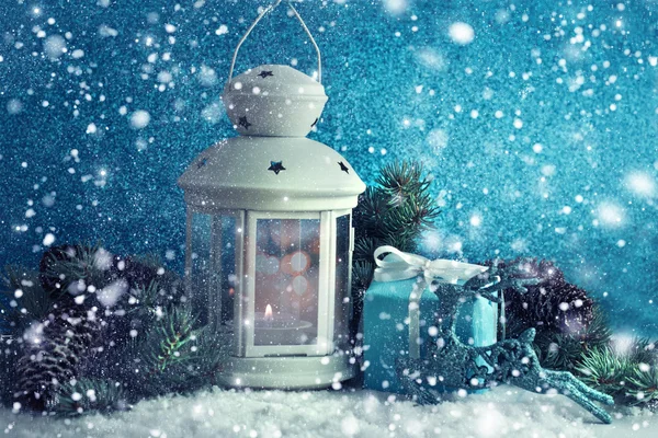 Christmas decoration with lantern ,snow and fir tree branch. — Stock Photo, Image