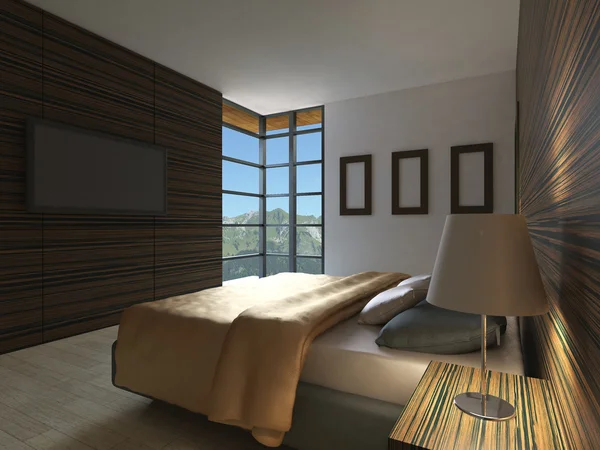 Ormanın içinde yatak odalı ev. 3D iç işleme. — Stok fotoğraf