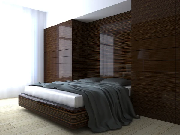 Schlafzimmer Haus im Wald. 3D-Innenrendering. — Stockfoto
