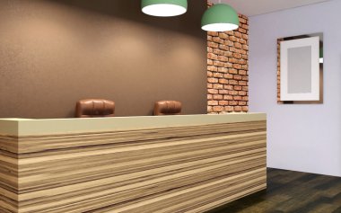 Otelin resepsiyon. Resepsiyon görevlisi. 3D render