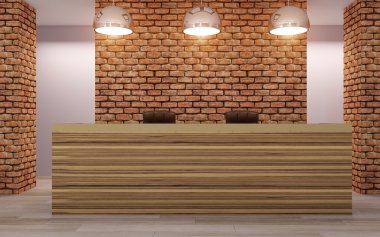 Otelin resepsiyon. Resepsiyon görevlisi. 3D render