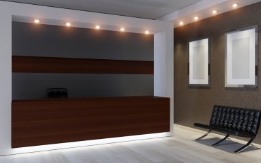 Otelin resepsiyon. Resepsiyon görevlisi. 3D render