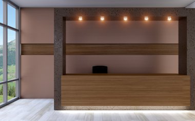 Otelin resepsiyon. Resepsiyon görevlisi. 3D render