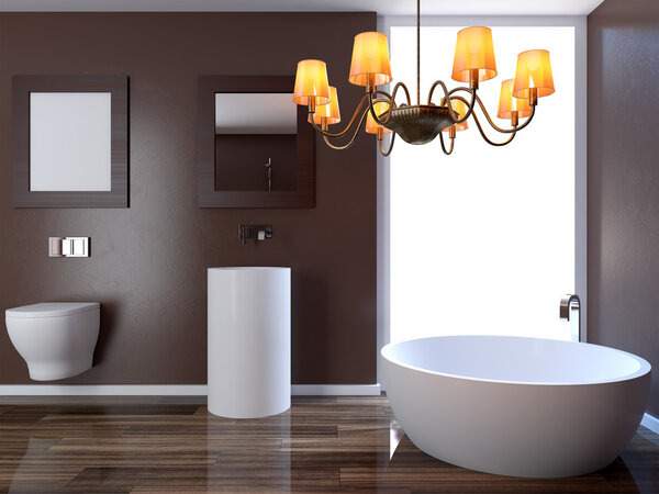 Modern interior of a bathroom in a city apartment. 3D Render