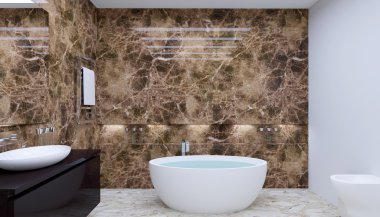 Modern iç city daire bir banyo. 3D render