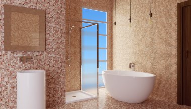 Modern iç city daire bir banyo. 3D render