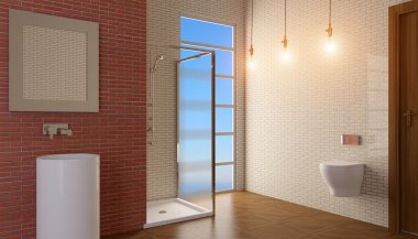 Modern iç city daire bir banyo. 3D render