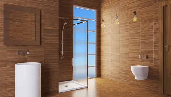 O design minimalista do banheiro. Renderização 3D — Fotografia de Stock