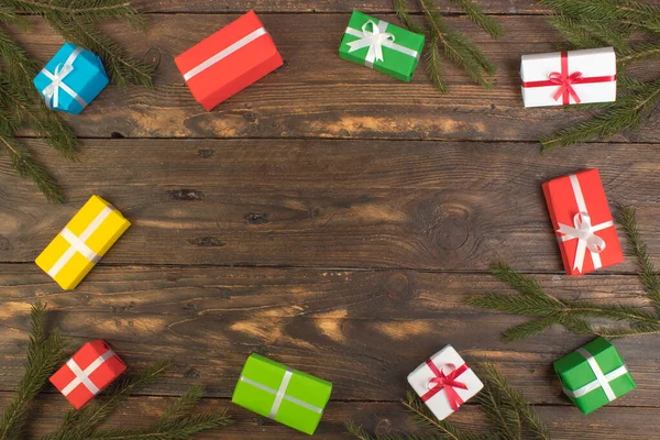 Caixas Presente Presente Para Natal Mesa Madeira Vista Superior Com — Fotografia de Stock