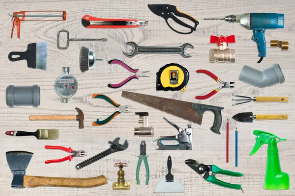 Werkzeugcollage Isoliert Auf Weißem Hintergrund Die Tischlerarbeiten Und Bauwerkzeuge Zeigt — Stockfoto