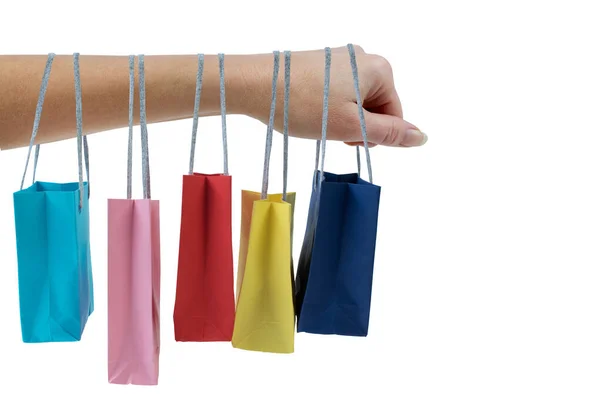 Mão Segurando Sacos Papel Multicoloridos Isolados Conceito Compras Brancas — Fotografia de Stock