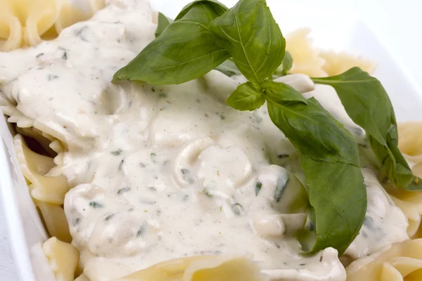 Farfalle au poulet aux champignons et sauce aux herbes — Photo