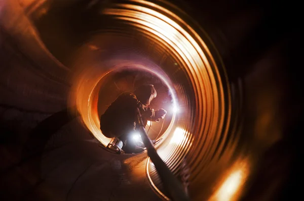 Pipe welding on the pipeline construction Royalty Free Stock Photos