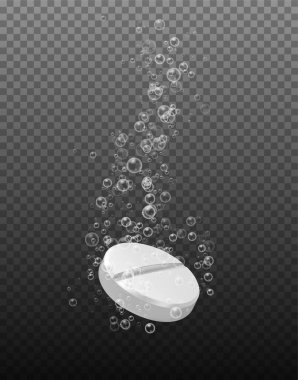 Realistic pill with bubbles. Aspirin pill in fizzy water. Illustration isolated on transparent background. Graphic concept for your design clipart