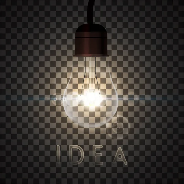 輝く光で現実的なエジソン電球 透明背景に隔離されたイラスト あなたのデザインのグラフィックコンセプト — ストックベクタ