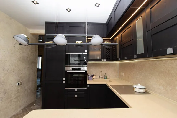 Dapur Modern Terbuat Dari Hitam Pekat Dapur Adalah Dari Padat — Stok Foto