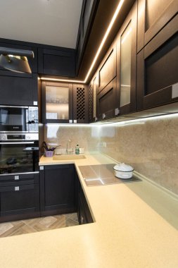 Saf siyahtan yapılmış modern mutfak. Mutfak meşeden yapılmış. Detaylar. Modern mutfak mobilyaları doluyor. Mobilya siparişi. Dairenin tasarımı. Siyah mutfak. Mobilyalar. Rusya, Saint Petersburg, yeni bina, 15 Nisan 2020