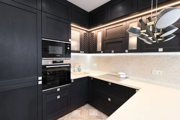 Modern Kitchen Made Solid Black Кухня Дуба Подробности Современная Кухонная — стоковое фото