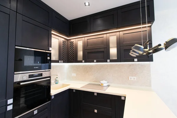 Dapur Modern Terbuat Dari Hitam Pekat Dapur Adalah Dari Padat — Stok Foto