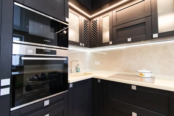 Modern Kitchen Made Solid Black Кухня Дуба Подробности Современная Кухонная — стоковое фото
