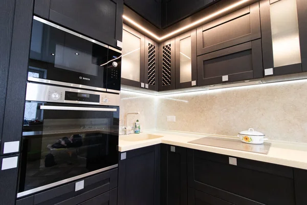 Modern Kitchen Made Solid Black Кухня Дуба Подробности Современная Кухонная — стоковое фото