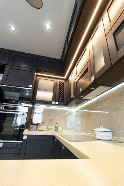 Dapur Modern Terbuat Dari Hitam Pekat Dapur Adalah Dari Padat — Stok Foto