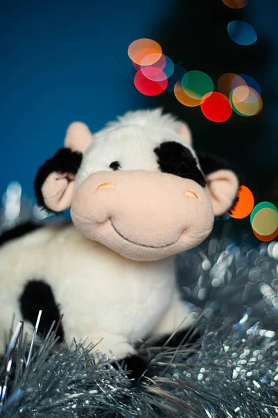 Toy Bull Bokeh Christmas Lights Soft Toy Symbol Year Bull — Stock Photo, Image