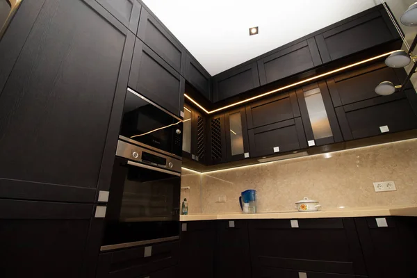 Modern Kitchen Made Solid Black Кухня Дуба Подробности Современная Кухонная — стоковое фото