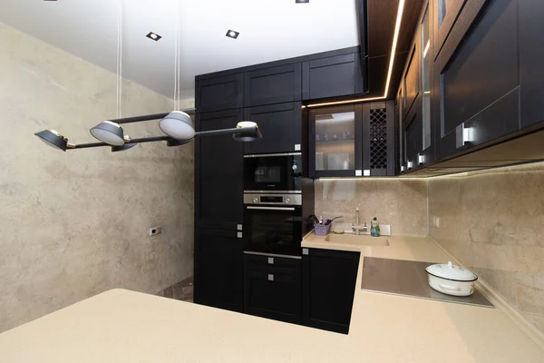 Modern Kitchen Made Solid Black Кухня Дуба Подробности Современная Кухонная — стоковое фото