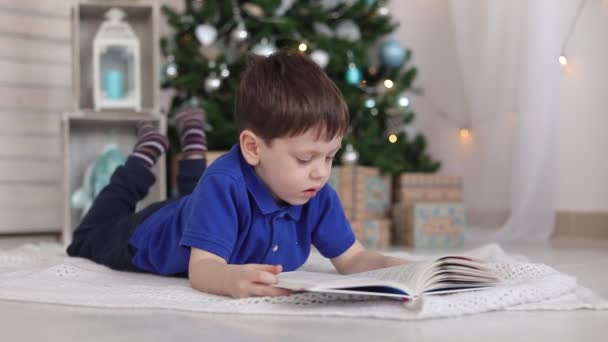 Een jongen leest een boek onder een kerstboom. Buitenschoolse lectuur. Kinderliteratuur. Een nieuwjaarscadeau. Kerstboom. — Stockvideo