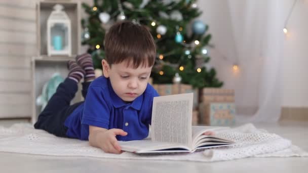 Bir çocuk Noel ağacının altında kitap okuyor. Ders dışı okumalar. Çocuk edebiyatı. Yeni yıl hediyesi. Noel ağacı. — Stok video