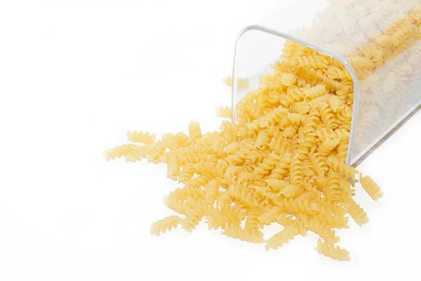 Placa Macarrão Fusilli Macarrão Derrama Para Fora Frasco Artigo Sobre — Fotografia de Stock