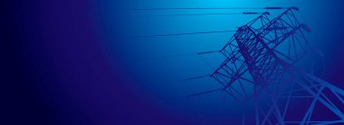 Vektör çizgisi silueti. Merkez, elektrik santrali. Yüksek voltaj hattı. Mavi arka plan, koru. Gökyüzü. Polonyalıların kablo Arkaplanı