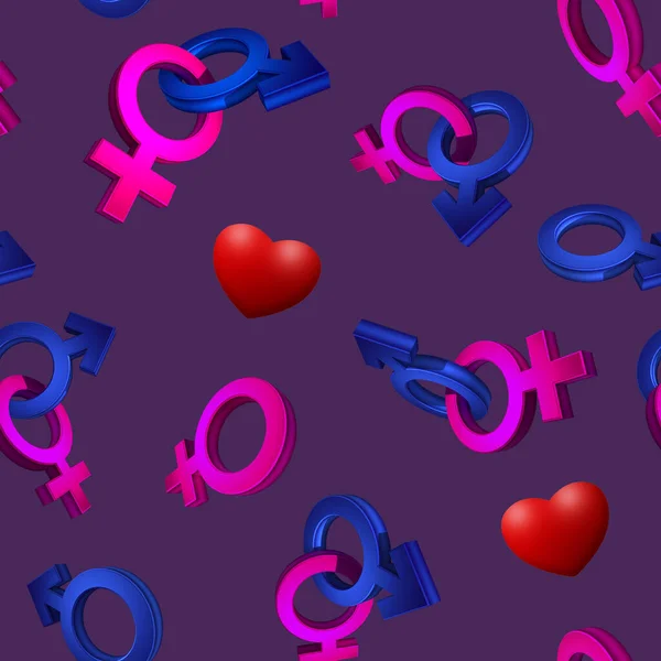 Imagen 3D, renderizado Patrón sin costuras sobre un fondo púrpura. El símbolo del género. Día de San Valentín. Venus, Marte. Heterosexual. Contexto — Foto de Stock