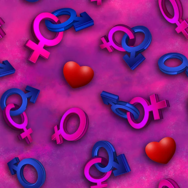 Imagem 3D, renderizando padrão sem costura em um fundo rosa. O símbolo do género. Dia dos Namorados. Vénus, Marte. Heterossexual. Contexto — Fotografia de Stock